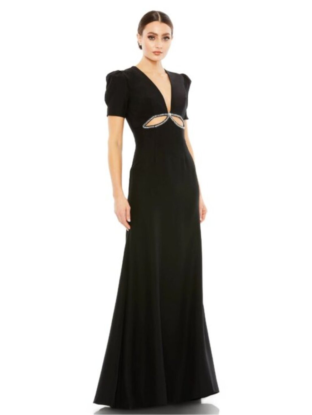 Mac Duggal Black Plunge Neck Puff Sleeve Cut Out Gown - Size 2